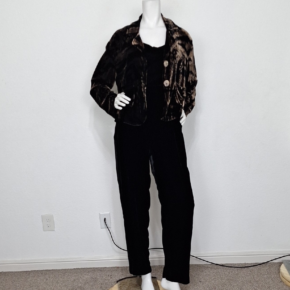 Jenny Helene Vintage Brown Black Velvet Silk Blend Jumpsuit & Jacket Size S